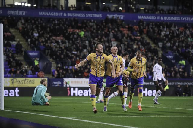 Stags go ahead during the English Football League 1 match against Bolton Wanderers FC at The Toughsheet Community Stadium, 29 December 2029. Photo credit Chris & Jeanette Holloway / The Bigger Picture.media