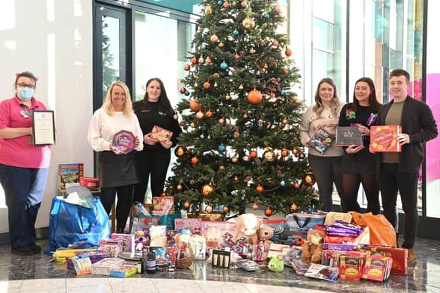 Nicola De Lucis, Hannah Forster, of Personnel Solutions (Midlands), Emma Nunn, Hannah Hickman, of  Mansfield Innovation Centre and Nick Egan, of Wenham Mortgages, with gifts donated to Kings Mill Hospital.