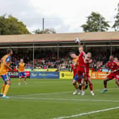 This Tom Nichols handball gave Stags a penalty from which Jordan Bowery pulled one back after Mansfield's awful start at Crawley Town today. Photo by Chris Holloway/The Bigger Picture.media