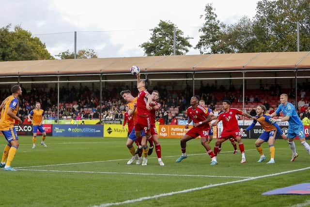 This Tom Nichols handball gave Stags a penalty from which Jordan Bowery pulled one back after Mansfield's awful start at Crawley Town today. Photo by Chris Holloway/The Bigger Picture.media