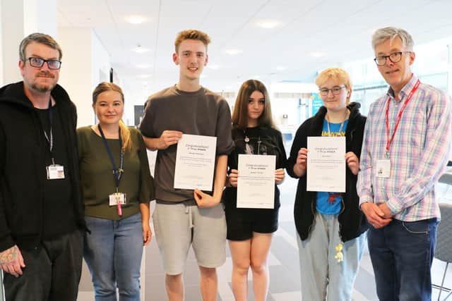 Teachers Brian Wilson, Milly Gibson & students George Hopkinson, Maddie Thornley, Rory Bates, with Pete Brown. (Photo by: Rebecca Howarth/West Nottinghamshire College)