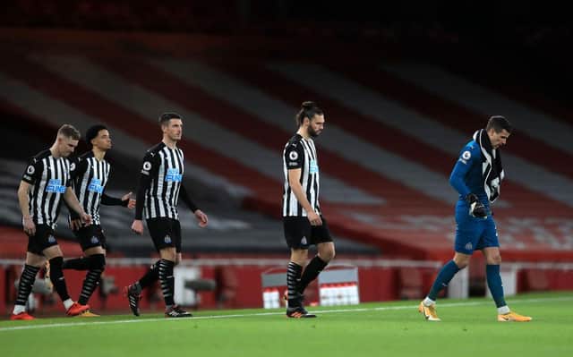LONDON, ENGLAND - JANUARY 18: (L-R) Emil Krafth, Jamal Lewis, Ciaran Clark, Andy Carroll and Karl Darlow of Newcastle United walk out to the field of play during the Premier League match between Arsenal and Newcastle United at Emirates Stadium on January 18, 2021 in London, England. Sporting stadiums around England remain under strict restrictions due to the Coronavirus Pandemic as Government social distancing laws prohibit fans inside venues resulting in games being played behind closed doors. (Photo by Adam Davy - Pool/Getty Images)