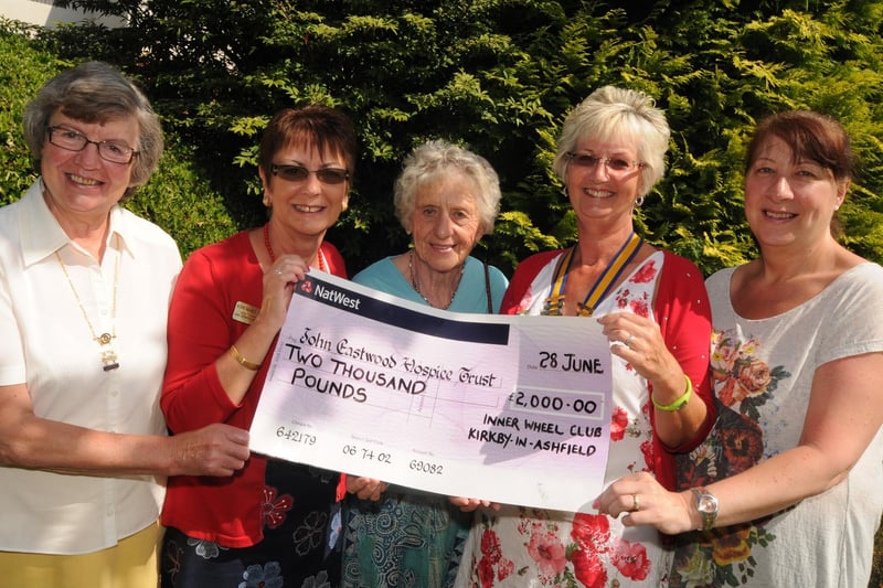 Lynda Moor, second right, President of the Inner Wheel Club of Kirkby in Ashfield, presents a cheque for £2,000 to Rosemary Pella, second left, Vice Chairman of the John Eastwood Hospice Trust in 2010. Other Inner Wheel members pictured from the left are: Anne Woodhouse, Norah Powell and Julie Hayes.