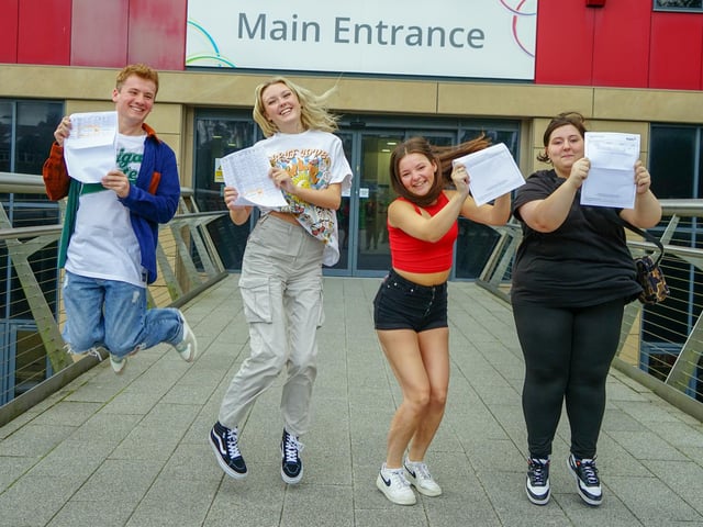 Vision West Nottinghamshire College A Level results day. Oliver Wiggleworth, Millie Smith, Billie-Jo Baxter and Chloe Shepherd.