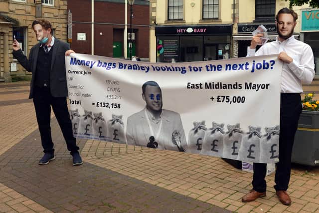 Labour Activists hand out leaflets in Mansfield town centre to highlight Ben Bradley's pay packet.