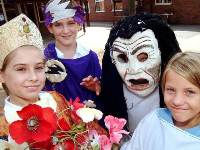 St Edmund's Primary School pupils took part in a Greek Theatre Day in 2006 and pictured, from left, are Shannon McDonald as Hera, Jaidon Brazier as Zeus, Ashley Clay as a Greek Theatre Face and Amber Mackay as an orchestra member.