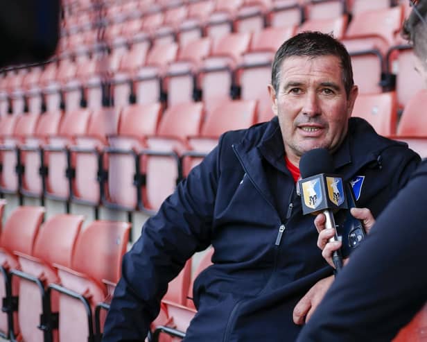 Mansfield Town manager Nigel Clough speaks to the Press after watching his side draw 2-2 at Crewe Alexandra. (Photo by: Chris Holloway/The Bigger Picture.media)
