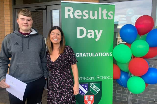 Will Barlow (left) with mum Helen Noble at Netherthorpe School after collecting GCSE results.