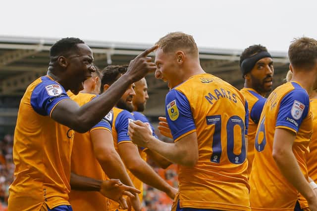 George Maris celebrates Stags' second goal at Doncaster this afternoon. Photo by Chris Holloway / The Bigger Picture.media