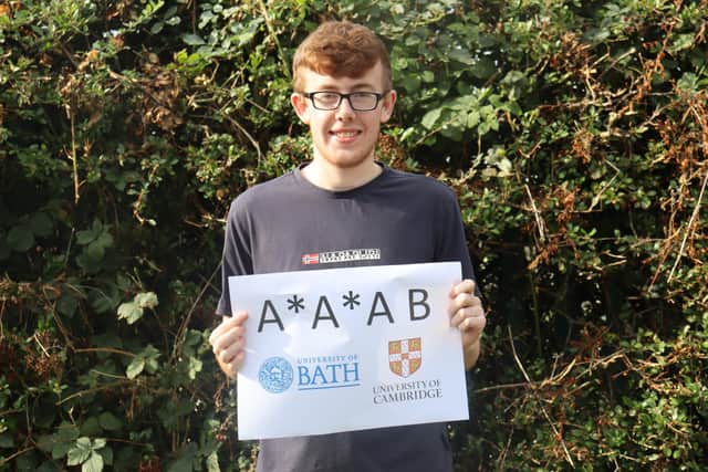 Thomas Utley celebrating his top grades and being accepted to the University of Cambridge.