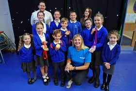 Rebecca Adlington OBE visited Heatherley Primary School in Forest Town to give a careers talk at assembly. She is pictured with school ambassadors.
