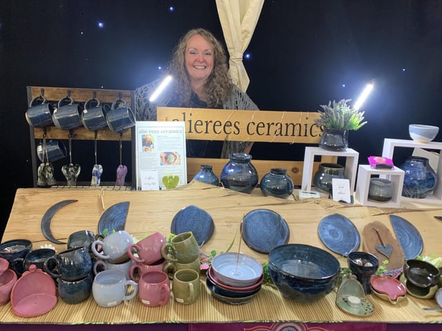 Stallholder Alie Rees selling her handmade stoneware pottery.
