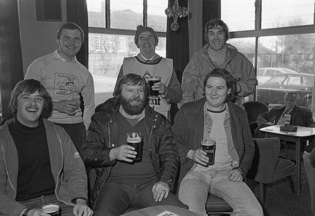 A sponsored walk in December 1979, pictured are walkers drinking their well-deserved pint at the finish at the welfare.