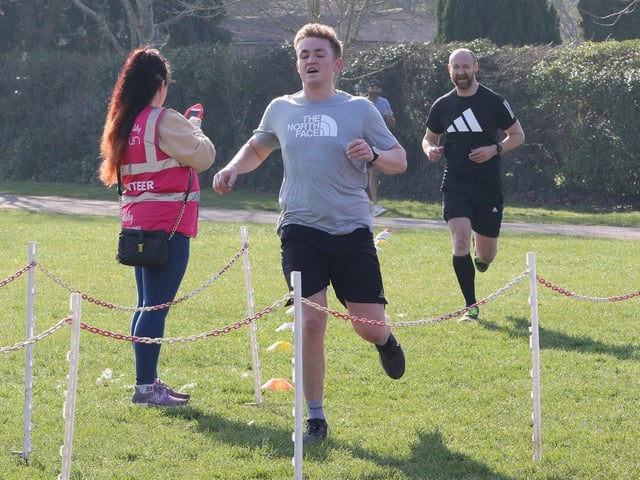 Delight and relief for this runner as he crosses the finishing line at Manor Park. In the 416 renewals of the Mansfield parkrun, no fewer than 7,439 personal-best times have been clocked.