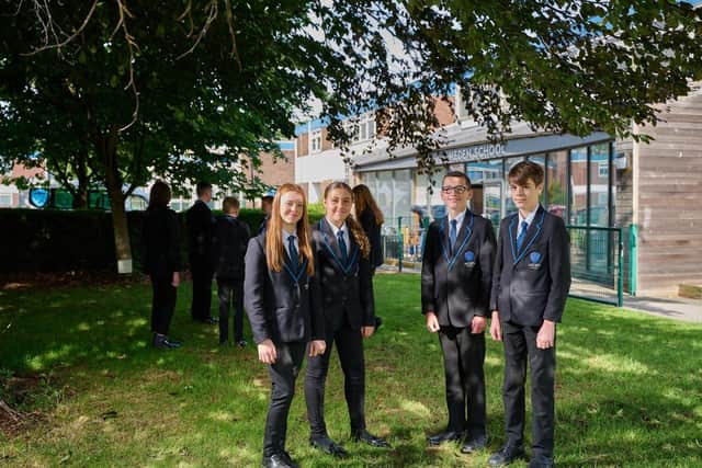 Staff and pupils at The Meden School are all smiles after their latest Ofsted report. Photo: Nick Dunmur