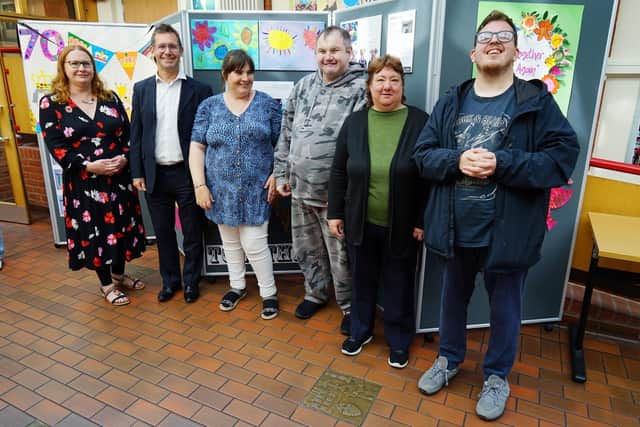 Together Again art exhibition launch at Mansfield Museum with Artist Claire Taylor, Mayor Andy Abrahams and community members from Corner house floating support and sanctuary support.