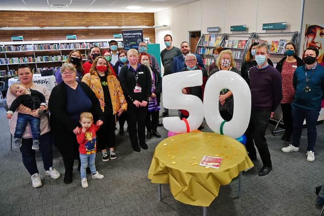 Staff, past and present, visitors and members celebrate the 50th birthday of Sutton Library.