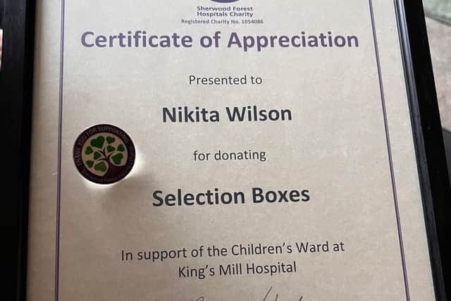 The certificate of appreciation presented by the Sherwood Forest Hospitals Charity to Nikita for her kind gesture.