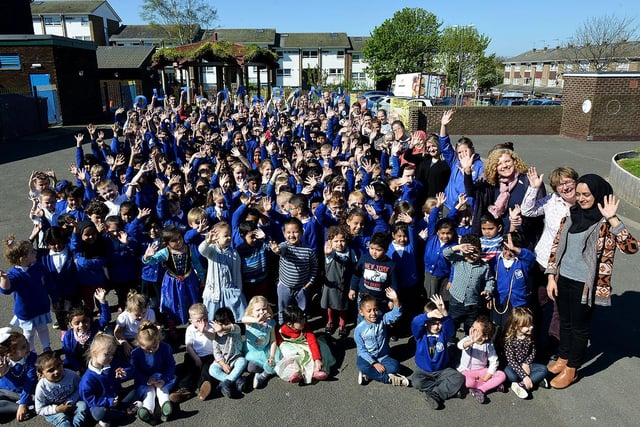 Pupils and staff at Marine Park Primary celebrated their outstanding Ofsted inspection report. Who can you spot in this 2017 photo?