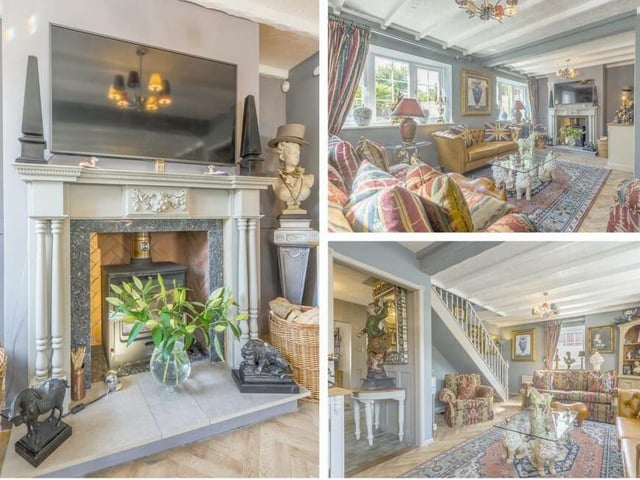A medley of photos encapsulating the appeal of the living room. It's impossible not to be impressed by the fireplace, with log-burner for those cold, winter evenings.
