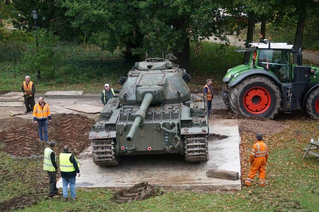 It took a gruelling four hours to manoeuvre the Conqueror tank onto the concrete plinth.