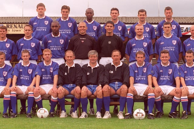 Chesterfield-born Jamie Lomas, pictured second left on the top row, made 29 appearances for his hometown club between 1992 and 200. He then moved down the A617, where he played six times for Stags.