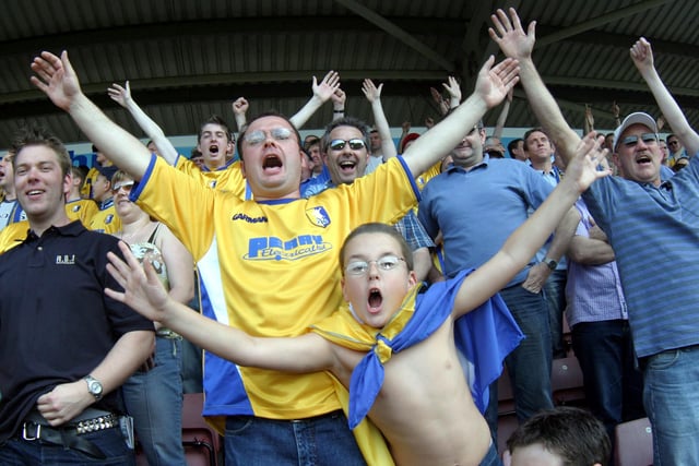 Stags fans enjoying the play-off semi-final against Northampton in 2004.