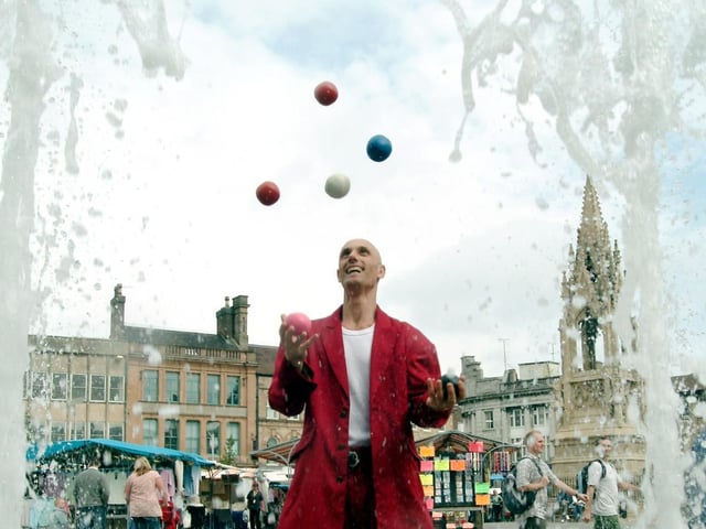 Juggling act Jason Maverick entertained at Mansfield Market Place today as part of the Summer in the Streets, 2006.
