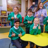 Thumbs up from head teacher Marie Gash and six of her pupils as Oak Tree Primary School in Mansfield celebrates its 'Good' rating from the education watchdog, Ofsted. (PHOTO BY: Brian Eyre/Chad)