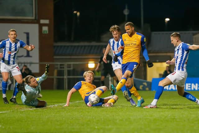Jordan Bowery's shot is blocked by Hartlepool goalkeeper Ben Killip. Photo by Chris Holloway/The Bigger Picture.media