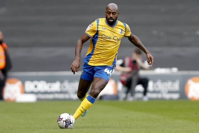 Hiram Boateng in action during the Sky Bet League 2 match against MK Dons at Stadium MK, 13 April 2024 Photo credit Chris & Jeanette Holloway / The Bigger Picture.media