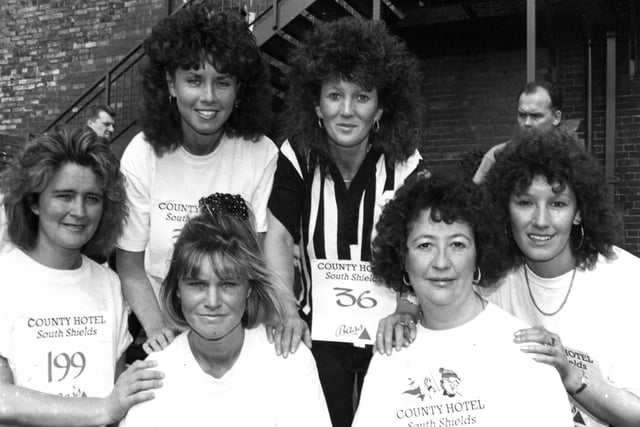 County Hotel regulars were ready for a run in 1991.  Left to right are:  Gillian Sexton, Roz Mensforth, Jan Sinclair, Wendy Jago, front, Julie Charlton, Sheila Ford. 
But what was the occasion? Tell us more.