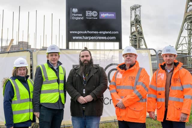 A deal has been agreed to build 126 affordable homes at the former Clipstone Colliery site - pictured at site, from left: Joanne Noakes, David Boyes-Watson (both) Platform Housing Group, CouLee Brazier (Newark & Sherwood Council), Nick Wilkins, Nathan Deen (both HarperCrewe). Photo: Submitted