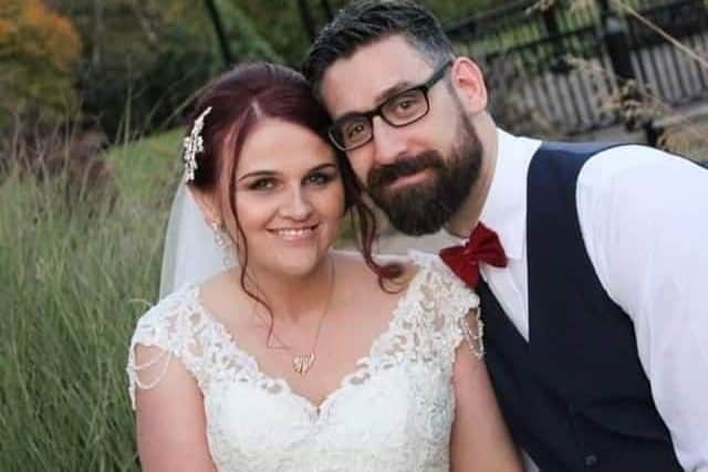 Katrina with husband, Andy Taylor, on their wedding day in 2018.