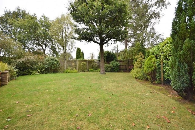 The garden at the back of the house is a gorgeous sight. A lovely lawn has the backdrop of a canopy of leafy tree tops, while a pretty mix of plants and shrubs sit within the borders.