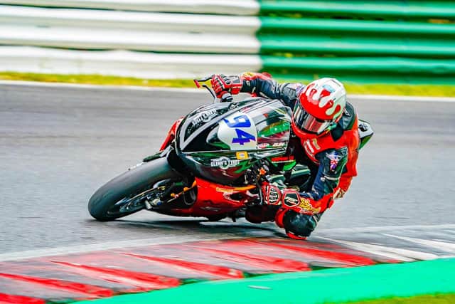 Lynden Leatherland in action aboard the team's Triumph at Oulton Park. Photo by Camipix