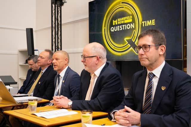 Mansfield Mayor Andy Abrahams, town MP Steve Yemm, BID chief executive Jay Rowlinson and Andrew Cropley, principal at West Nottinghamshire College, were among those taking questions from the audience at the launch event. Photo: Submitted