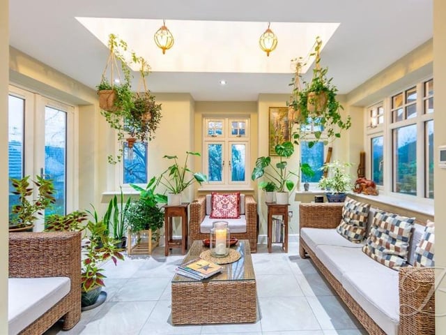 The Park property's orangery oozes opulence, with its skylight, underfloor heating, surrounding windows, tiled flooring and French doors leading outside. It is perfect for use all year round, and offers terrific views of the garden. Just off the orangery, outside, is a pergola with a glass rooftop.