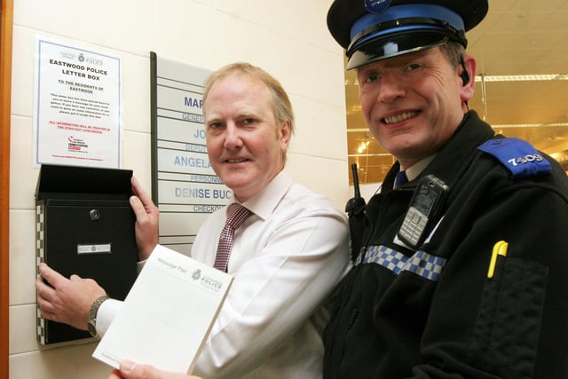 2007: Pictured by Eastwood Morrison's new police contact letter box are store manager Mark Stephens and PCSO Derek Kershaw.