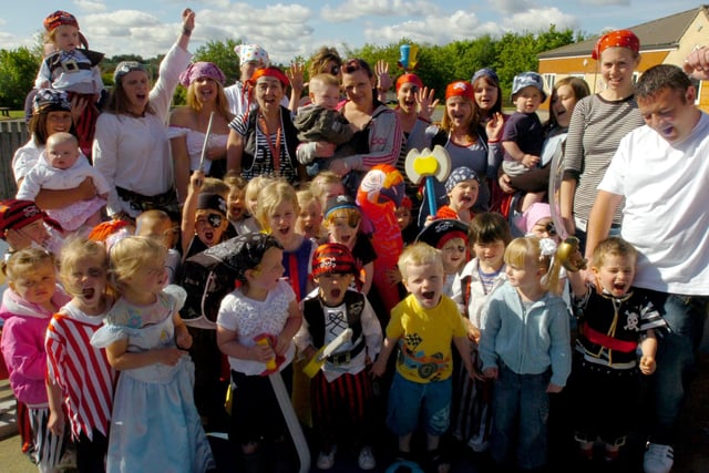 Children, staff and parents at Dene House Sure Start Childrens Centre, Peterlee, at the start of their pirate themed sponsored toddle in 2010.