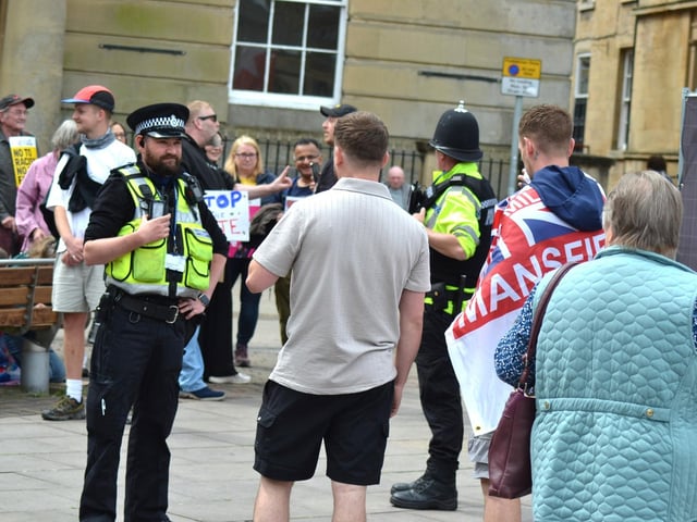 Police were present at the demonstration as protesters and counter-protesters faced off in the town centre.