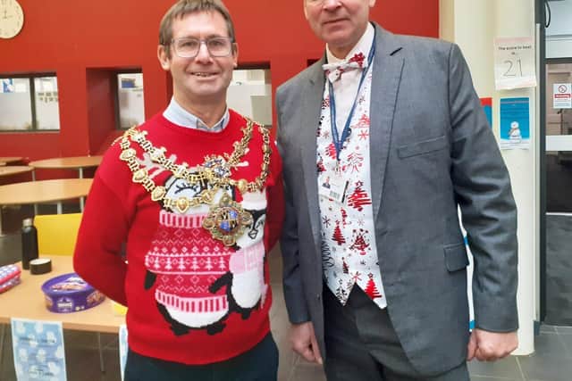 Perfectly attired Mayor Andy Abrahams and principal Andrew Cropley visited the fair on Thursday