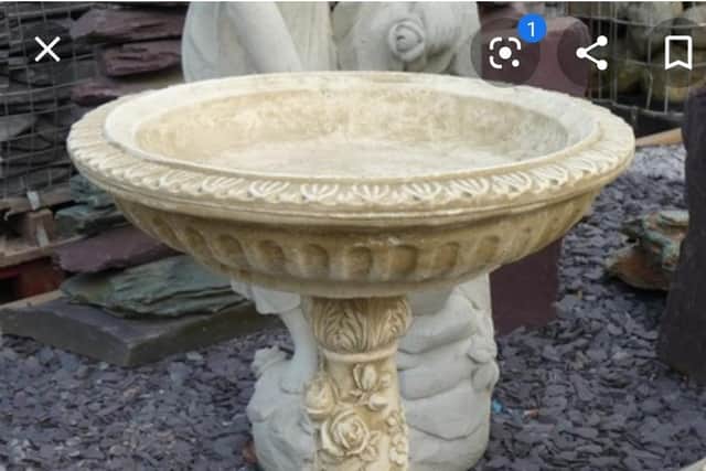 A bird bath similar to the one which fell on Diesel