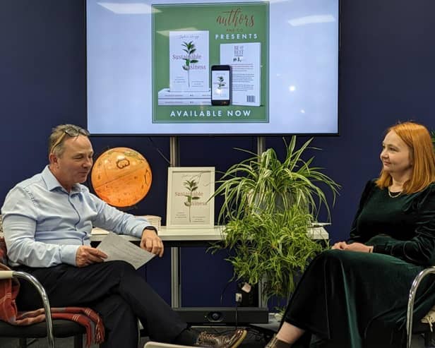 David Smith interviewing Sophie Wragg at the launch of her book Sustainable Business