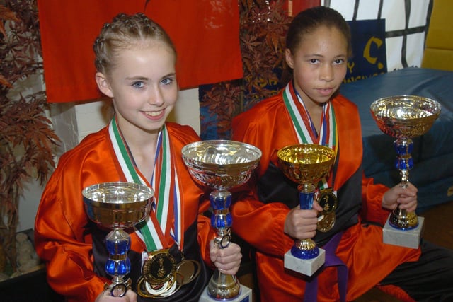 World karate champions LtoR Kirsty Lee, and Georgina Ingleton are seen at the Sheffield College of Martial Arts, Market Square, Woodhouse in 2005