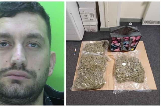 Endrit Sopaj and the bags of cannabis found in the car boot. Image: Nottinghamshire Police.