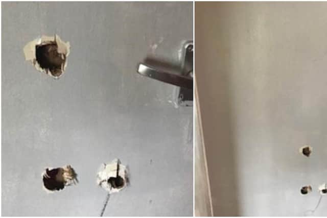 The burglar smashed holes in the door using a metal bar.