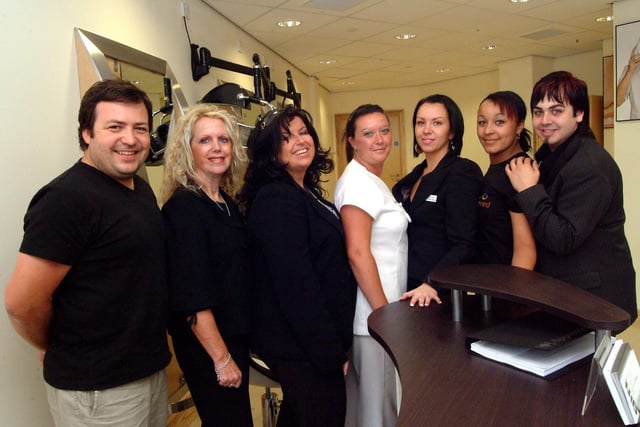 Launch of new commercial hair and beauty salon at Ashfield School, Sutton Road, Kirkby. Staff pictured in the salon are (left to right) Richard Asher, Susan Scholes, Donna-Marie Terrington, Sherina Evans, Daniel Ball, Michelle Smith, Christina Bond. 2007.