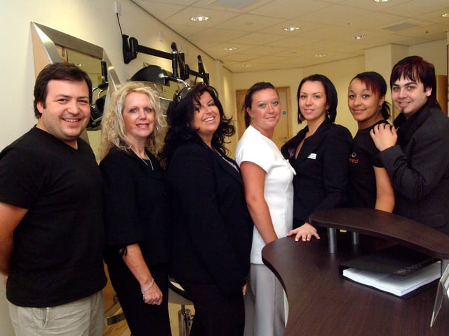 Launch of new commercial hair and beauty salon at Ashfield School, Sutton Road, Kirkby. Staff pictured in the salon are (left to right) Richard Asher, Susan Scholes, Donna-Marie Terrington, Sherina Evans, Daniel Ball, Michelle Smith, Christina Bond. 2007.