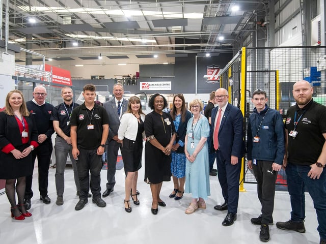 College leaders, governors, students and special guests at the official launch of the Gene Haas Centre for Advanced Manufacturing.